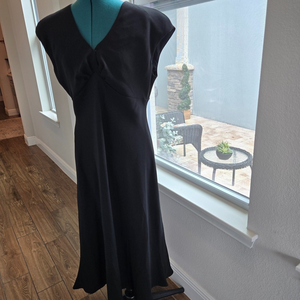 Jones Wear Midi Dress Womens 14 Black Ruched Fit & Flare Sleeveless Crepe